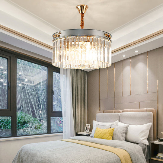 Modern Rectangular Drum Chandelier Light - Crystal, 3/4 Lights, Dining Room Hanging Pendant - 16"/19.5" Wide