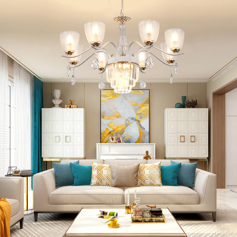 Contemporary Glass Cup Hanging Light Kit - 3/6/8 Lights Prism Chandelier with Cone Crystal Shade (White)