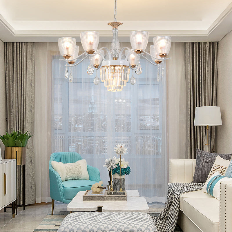 Contemporary Glass Cup Hanging Light Kit - 3/6/8 Lights Prism Chandelier with Cone Crystal Shade (White)