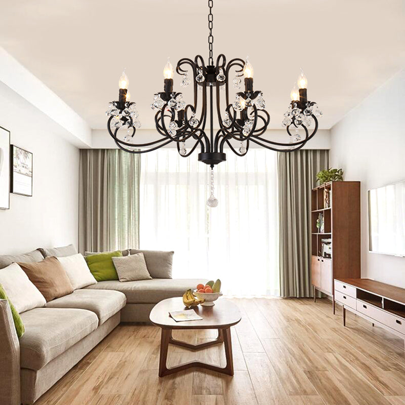 Vintage Bent Arm Frame Ceiling Light - 6/8 Black Lights with Crystal Drop for Living Room