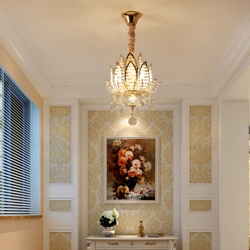 Lotus Crystal Pendant Light In Gold - Contemporary Hanging Ceiling