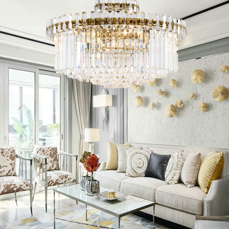 Modern Crystal Chandelier Drum Ceiling Light Fixture, 9 Lights, 25.5"/31.5" Wide, Brass Finish