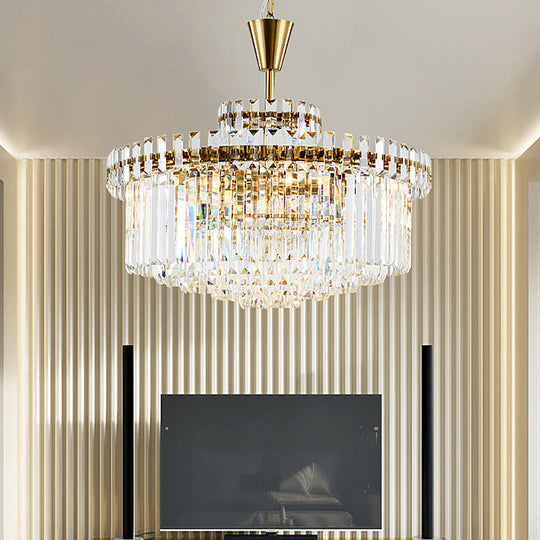Modern Crystal Chandelier Drum Ceiling Light Fixture, 9 Lights, 25.5"/31.5" Wide, Brass Finish