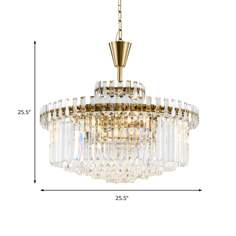 Modern Crystal Chandelier Drum Ceiling Light Fixture, 9 Lights, 25.5"/31.5" Wide, Brass Finish