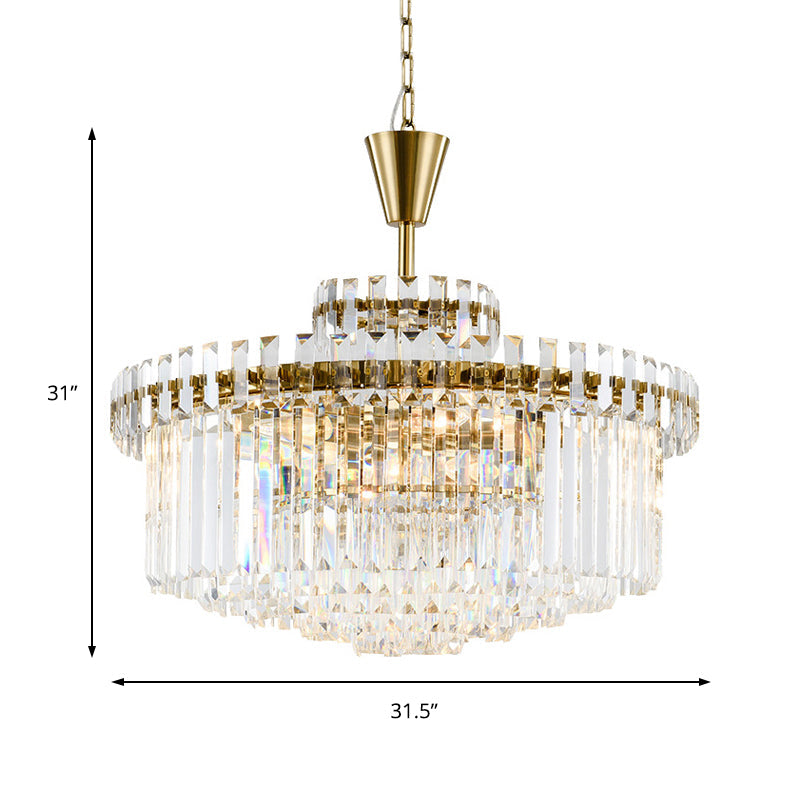 Modern Crystal Chandelier Drum Ceiling Light Fixture, 9 Lights, 25.5"/31.5" Wide, Brass Finish
