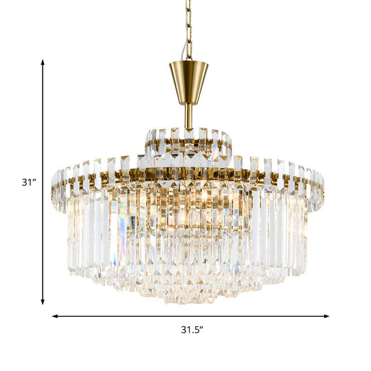 Modern Crystal Chandelier Drum Ceiling Light Fixture, 9 Lights, 25.5"/31.5" Wide, Brass Finish