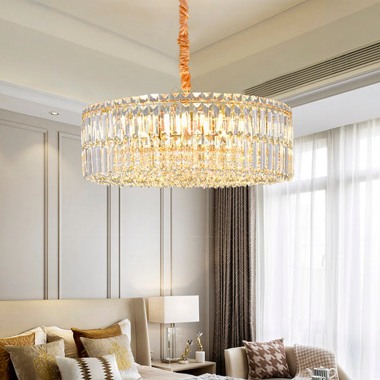 Contemporary Gold Drum Chandelier Light | 6/8 Lights | Rectangular-Cut Crystal | Ceiling Hanging Light, 19.5"/23.5" Wide