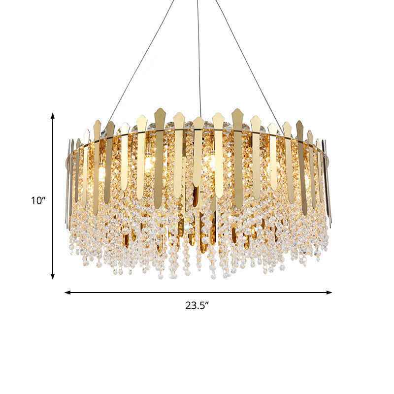 Brass Chandelier Light - 6-Light Living Room Hanging Kit with Drum Crystal Strand Shade