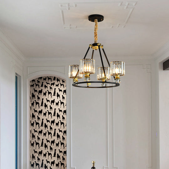 Modern Clear Crystal Cylinder Hanging Light Kit - Black Chandelier with 4/6/8 Lights for Living Room