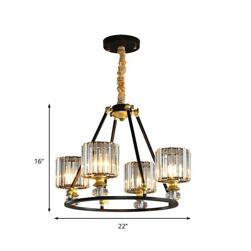 Modern Clear Crystal Cylinder Hanging Light Kit - Black Chandelier with 4/6/8 Lights for Living Room