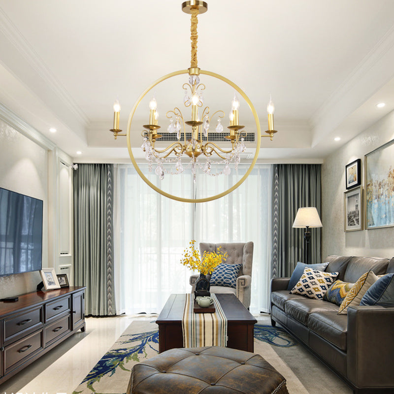 Modern Metal Candelabra Ceiling Light: 6/8 Light Brass Chandelier with Crystal Drop