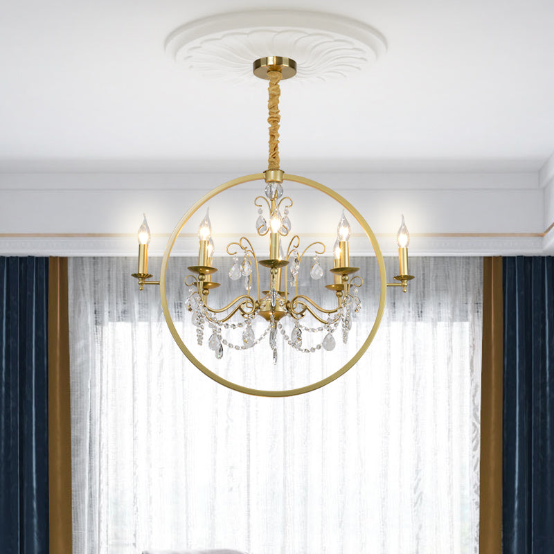 Modern Metal Candelabra Ceiling Light: 6/8 Light Brass Chandelier with Crystal Drop