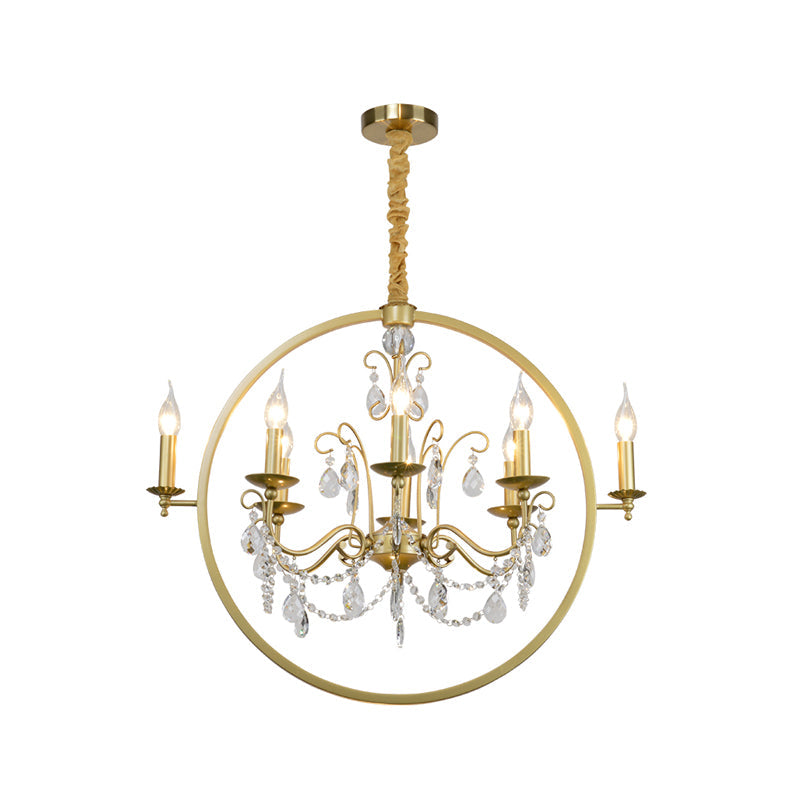 Modern Metal Candelabra Ceiling Light: 6/8 Light Brass Chandelier with Crystal Drop