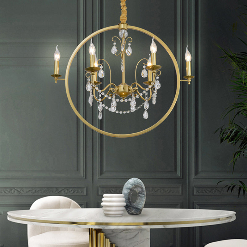 Modern Metal Candelabra Ceiling Light: 6/8 Light Brass Chandelier with Crystal Drop