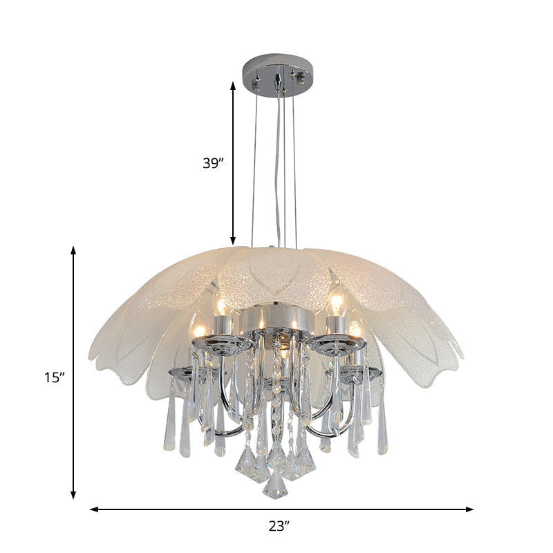 Contemporary Flower Chandelier - Textured Glass Shade, 5-Light Chrome Ceiling Lamp with Crystal Drop