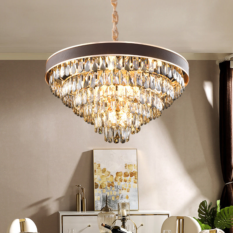 Tiered Crystal Block Chandelier - Black-Gold Pendant Light Fixture with 9/12 Lights, 19.5"/23.5" Wide