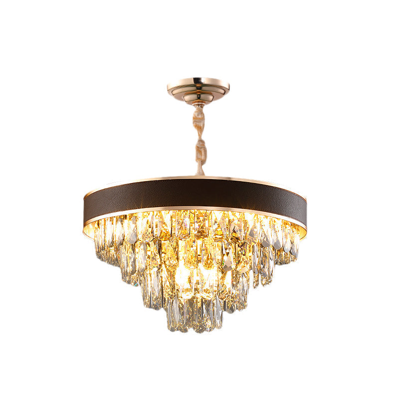 Tiered Crystal Block Chandelier - Black-Gold Pendant Light Fixture with 9/12 Lights, 19.5"/23.5" Wide