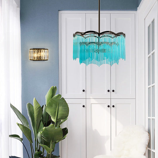 Lustre en cristal transparent/bleu - Design rond élégant, 3 lumières - Parfait pour la salle à manger