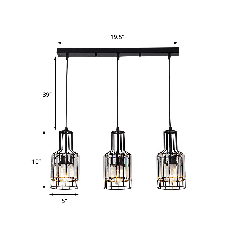Nordic Black Dining Room Pendant With Metal And Crystal Shades - 3 Light Cluster