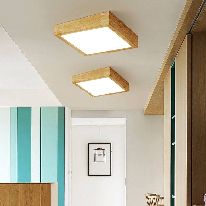 Modern Wood LED Ceiling Light with Square Acrylic Shade - Flush Mount for Living Room