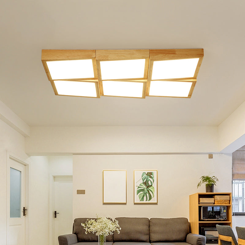 Modern Wood LED Ceiling Light with Square Acrylic Shade - Flush Mount for Living Room
