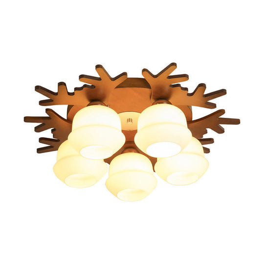 Nordic-style Wood Flush Ceiling Light with Antler Design and White Glass Shade