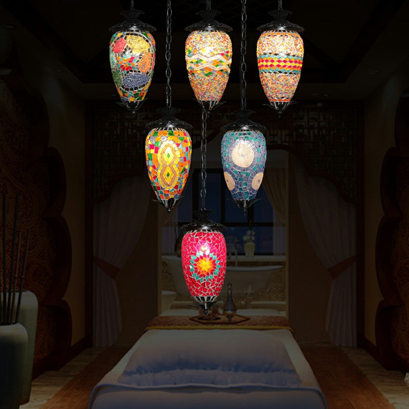 Retro Style Mosaic Stained Glass Hanging Light For Bars - Single-Bulb Ceiling Lighting