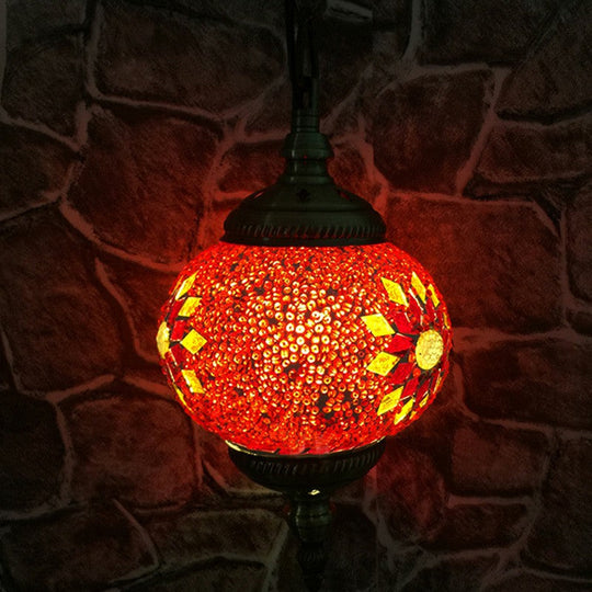 Classic Oblate Stained Glass Ceiling Pendant Light - Restaurant Hanging Lamp With 1 Bulb Red