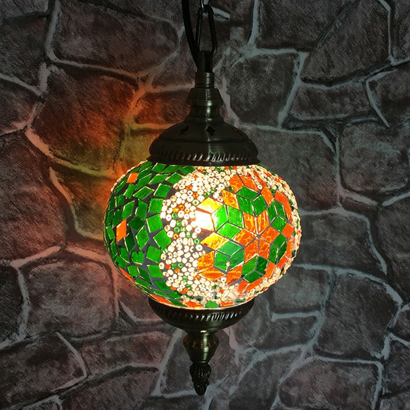 Classic Oblate Stained Glass Ceiling Pendant Light - Restaurant Hanging Lamp With 1 Bulb Green-White