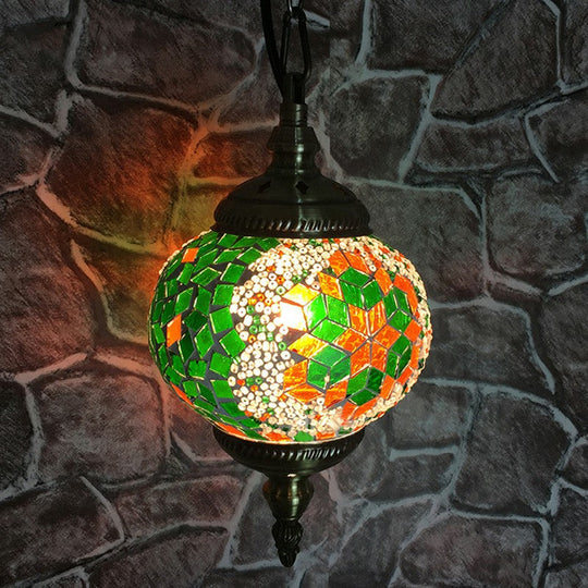 Classic Oblate Stained Glass Ceiling Pendant Light - Restaurant Hanging Lamp With 1 Bulb Green-White