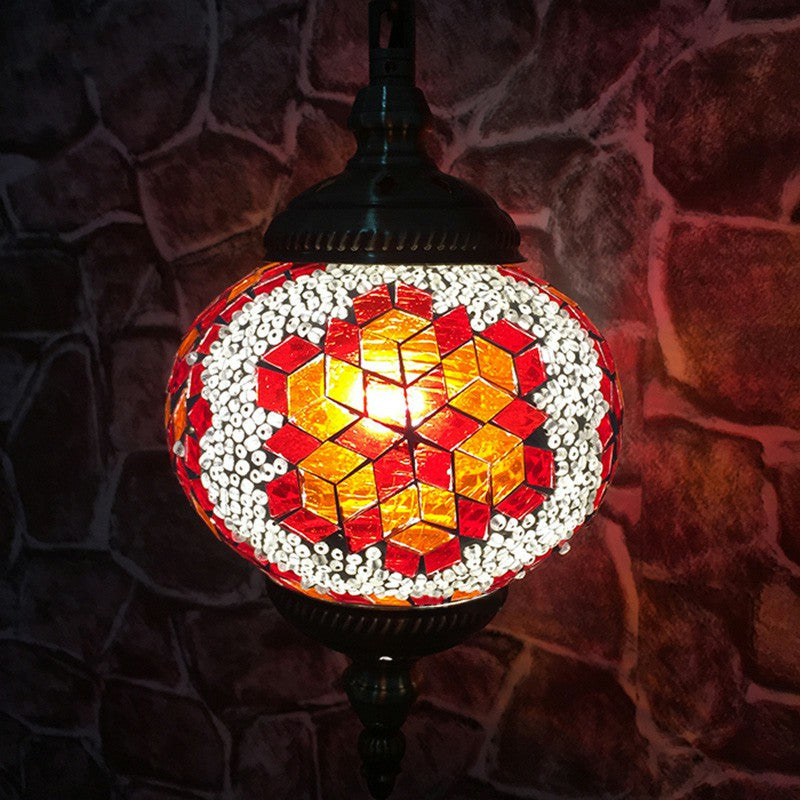 Classic Oblate Stained Glass Ceiling Pendant Light - Restaurant Hanging Lamp With 1 Bulb Red-White