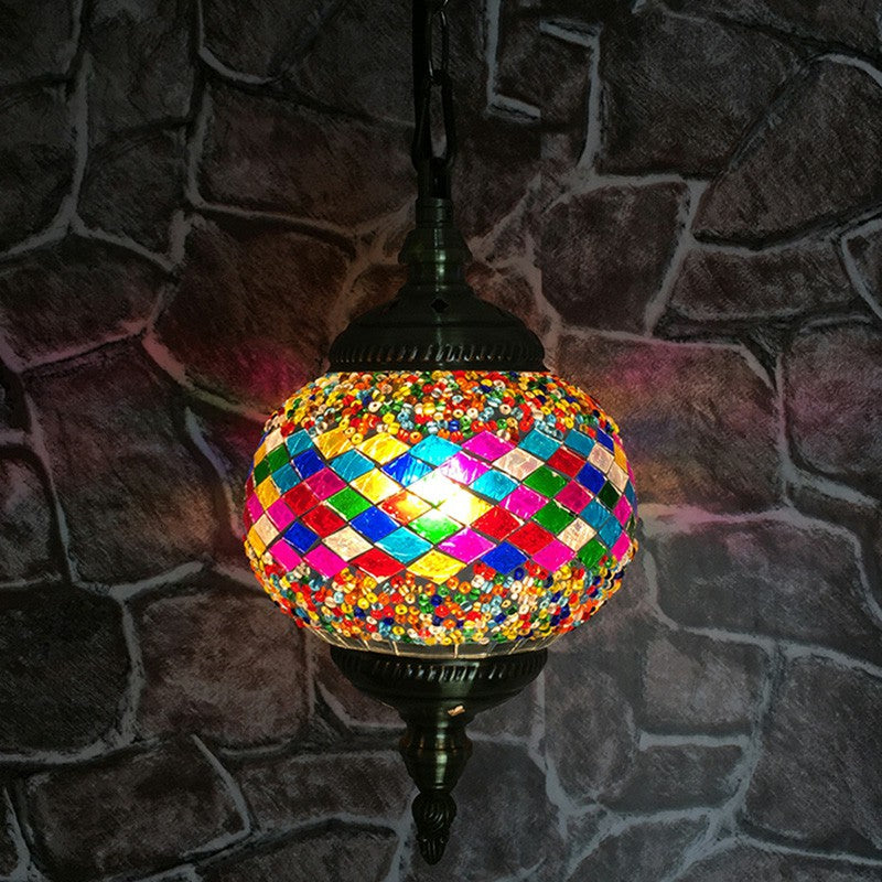 Classic Oblate Stained Glass Ceiling Pendant Light - Restaurant Hanging Lamp With 1 Bulb Green-Pink