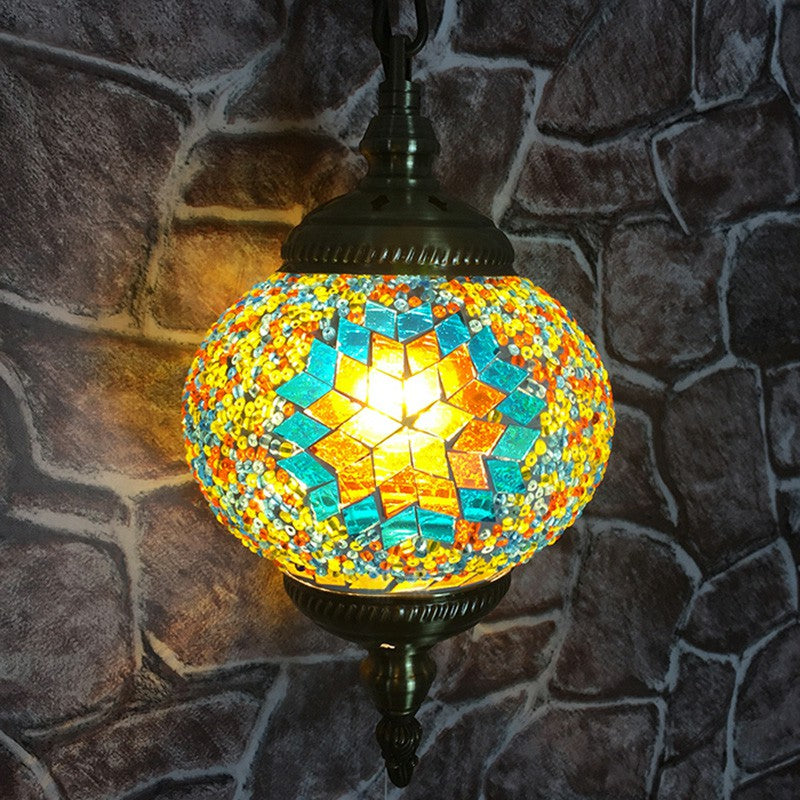 Classic Oblate Stained Glass Ceiling Pendant Light - Restaurant Hanging Lamp With 1 Bulb Yellow