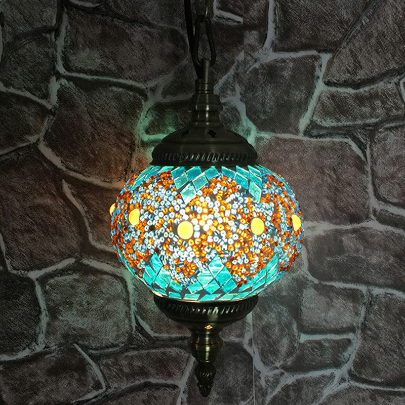 Classic Oblate Stained Glass Ceiling Pendant Light - Restaurant Hanging Lamp With 1 Bulb Blue