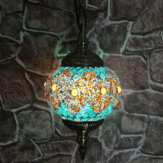 Classic Oblate Stained Glass Ceiling Pendant Light - Restaurant Hanging Lamp With 1 Bulb Blue