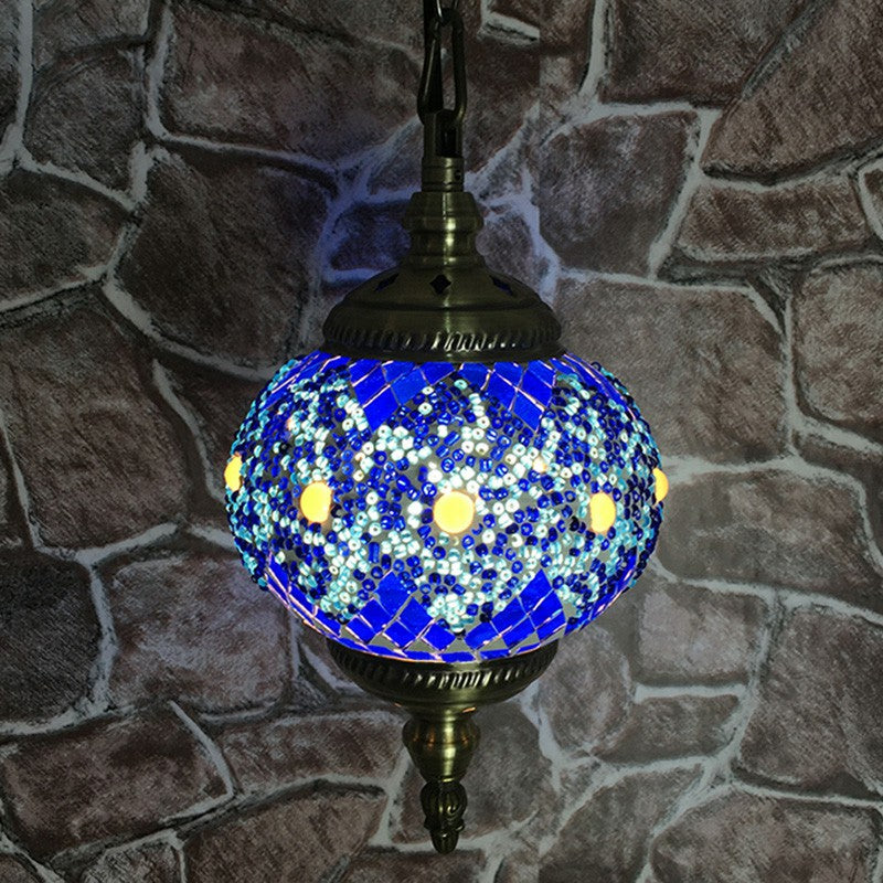 Classic Oblate Stained Glass Ceiling Pendant Light - Restaurant Hanging Lamp With 1 Bulb Dark Blue