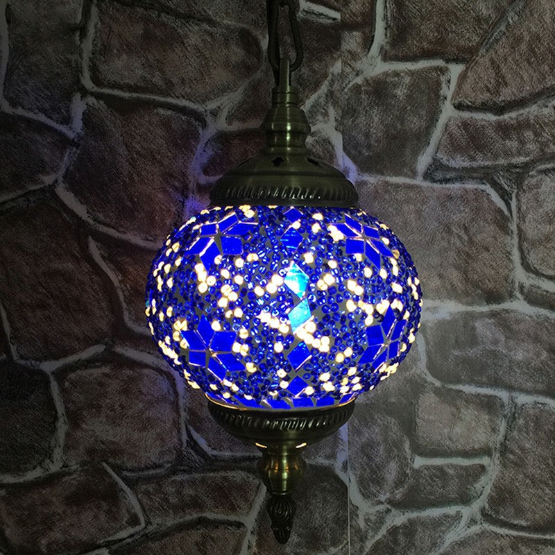 Classic Oblate Stained Glass Ceiling Pendant Light - Restaurant Hanging Lamp With 1 Bulb Royal Blue