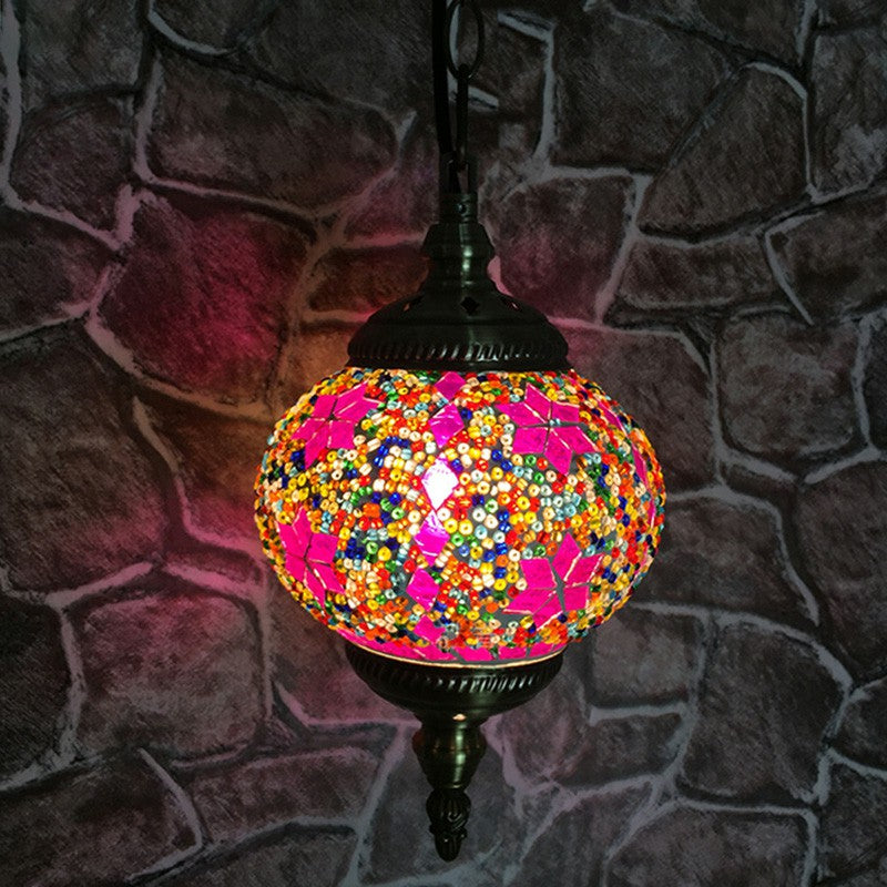 Classic Oblate Stained Glass Ceiling Pendant Light - Restaurant Hanging Lamp With 1 Bulb Pink