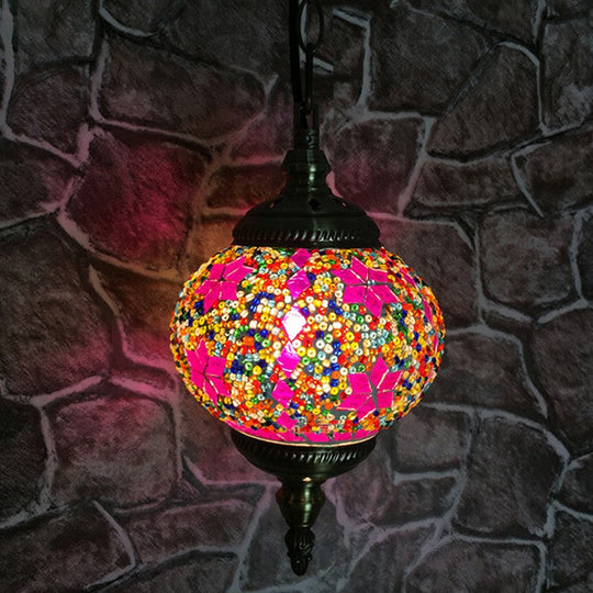 Classic Oblate Stained Glass Ceiling Pendant Light - Restaurant Hanging Lamp With 1 Bulb Pink