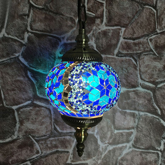 Classic Oblate Stained Glass Ceiling Pendant Light - Restaurant Hanging Lamp With 1 Bulb Blue