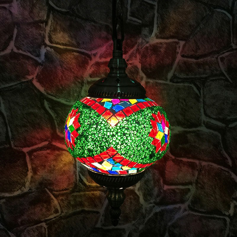 Classic Oblate Stained Glass Ceiling Pendant Light - Restaurant Hanging Lamp With 1 Bulb Green-Red