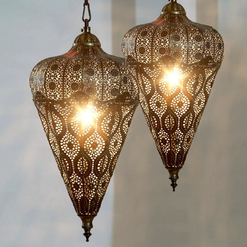 Bronze Iron Hollow Ceiling Light - Classic Single-Bulb Pendant For Restaurants