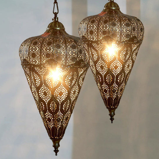 Bronze Iron Hollow Ceiling Light - Classic Single-Bulb Pendant For Restaurants