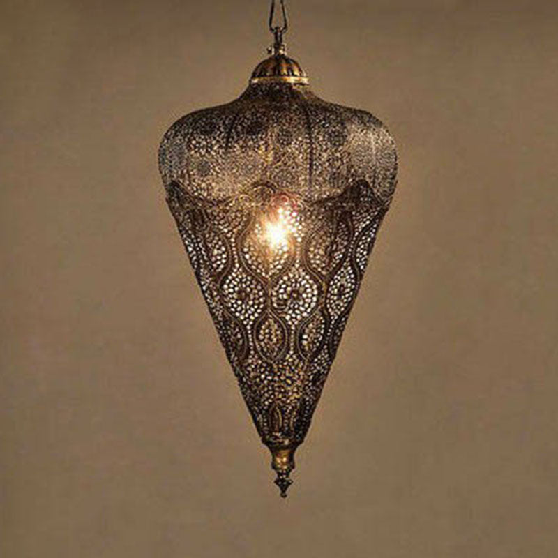 Bronze Iron Hollow Ceiling Light - Classic Single-Bulb Pendant For Restaurants
