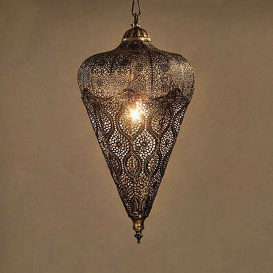 Bronze Iron Hollow Ceiling Light - Classic Single-Bulb Pendant For Restaurants