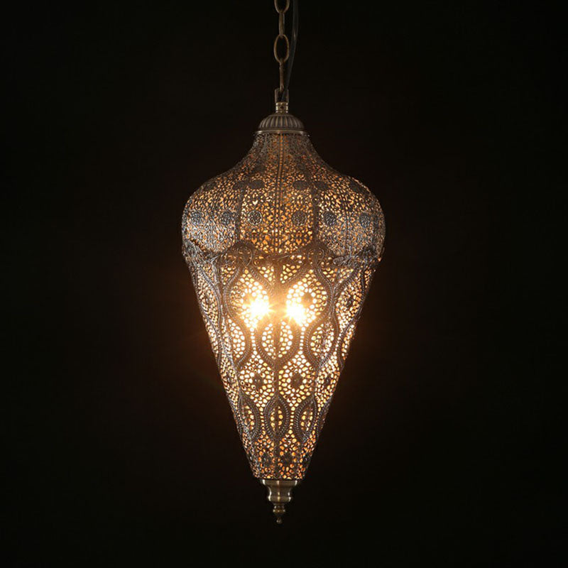 Bronze Iron Hollow Ceiling Light - Classic Single-Bulb Pendant For Restaurants