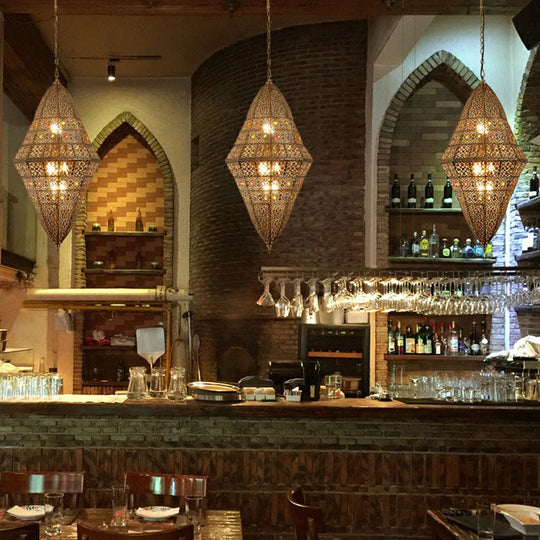 Grey Iron Pendant Light Fixture With South-East Asian Hollow-Carved Design - Set Of 6 Bulbs