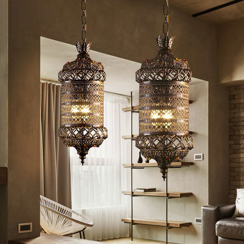 Bronze Carved Lantern Iron Suspension Pendant Ceiling Light With South-East Asian Influence - Ideal