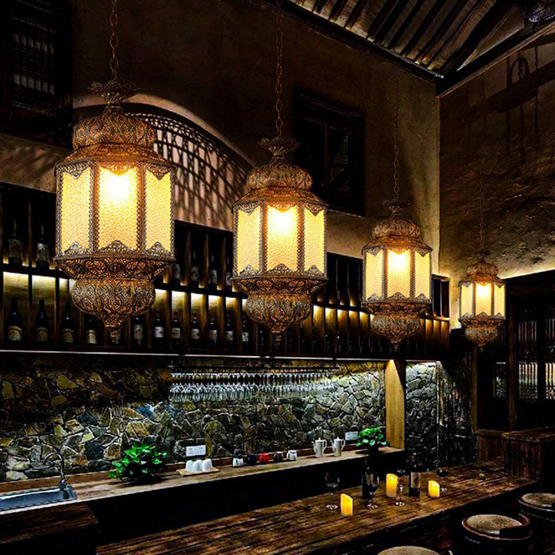 Retro Style Metal Carved Lantern Ceiling Light With 3 Bulbs In Bronze - Ideal For Restaurants