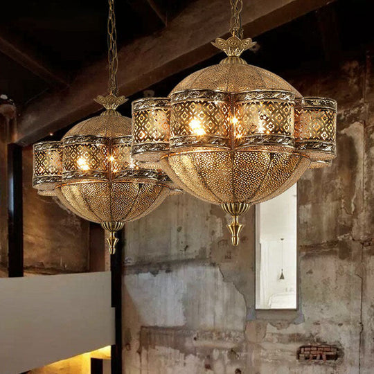 Bronze Metallic Cut-Out Ceiling Light - 6 Bulb Pendant For Southeast Asian Restaurants
